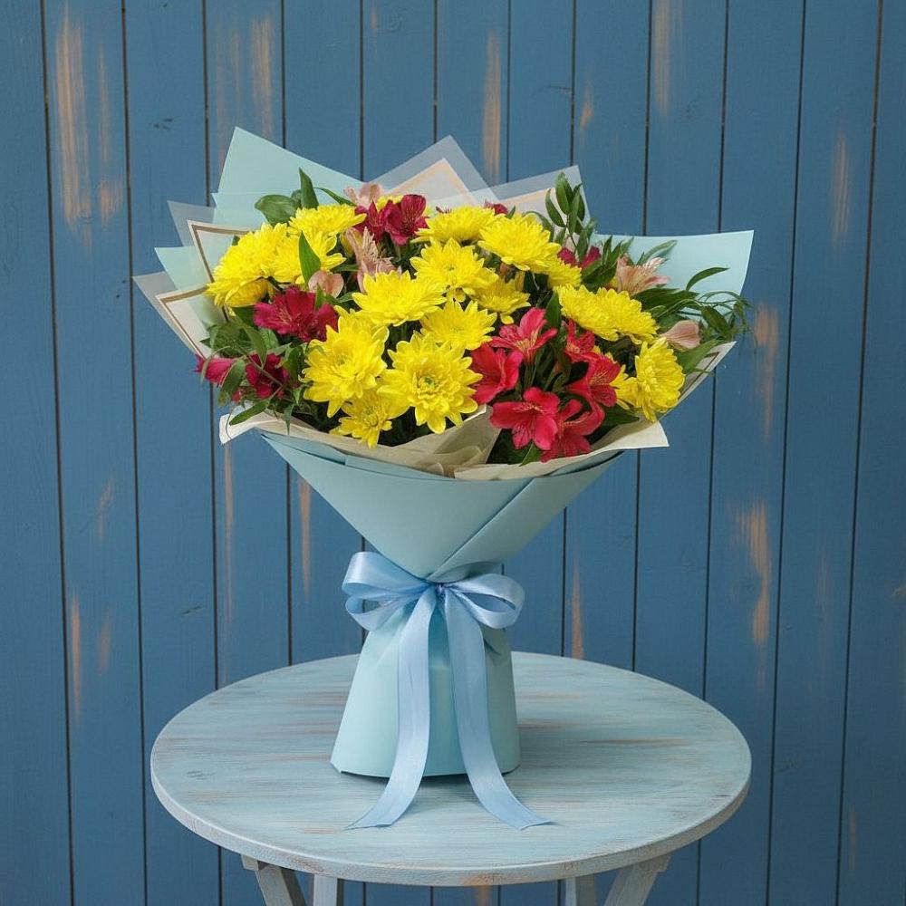 Букет цветов из: Альстромерии и Хризантемы в Пурпе