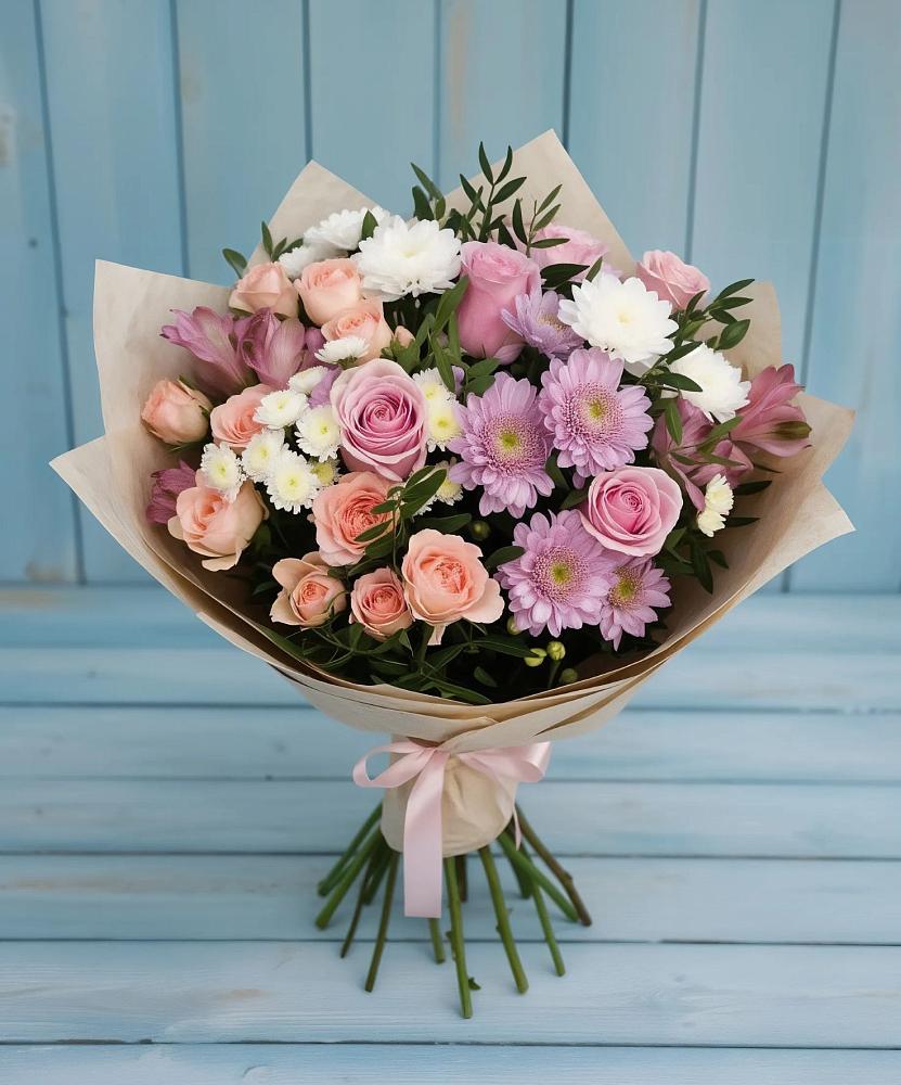 Букет цветов из: Хризантемы, Розы и Альстромерии в Пурпе