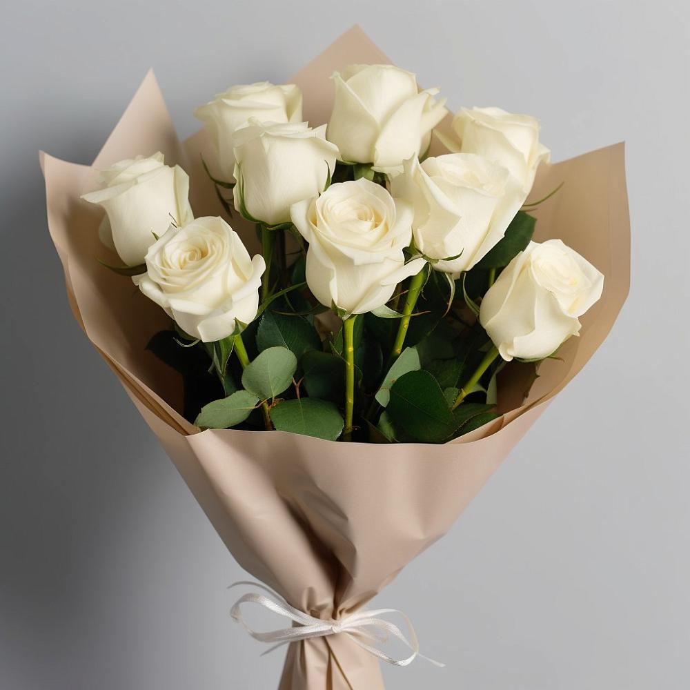 Букет 9 Белых роз Эдлесс Лав в Пурпе