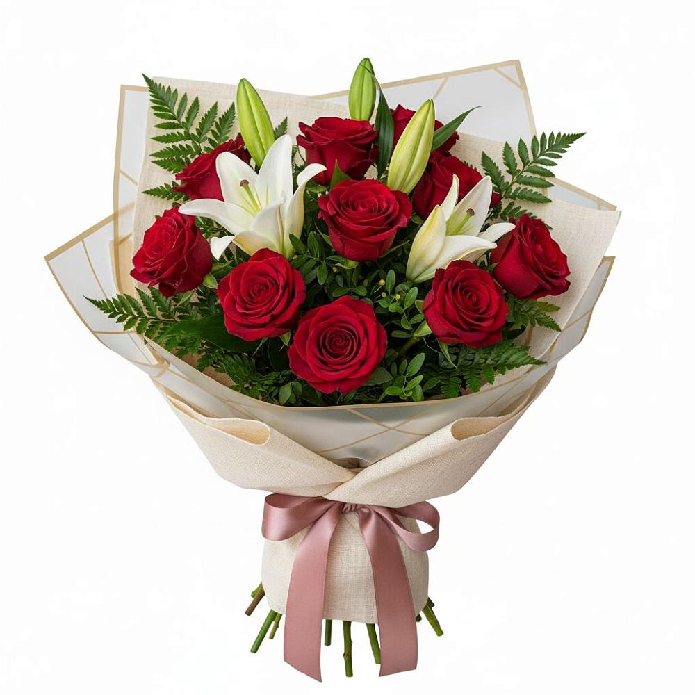 Букет цветов из: Лилии и Розы в Пурпе