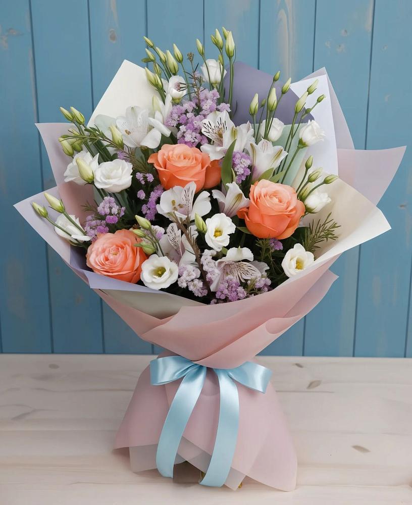 Букет цветов из: Лизиантусы, Розы, Альстромерии и Гипсофила в Пурпе