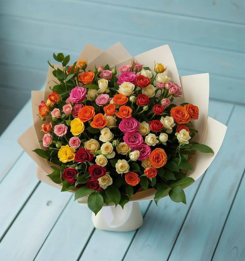 Букет Микс из разноцветных кустовых роз в Пурпе