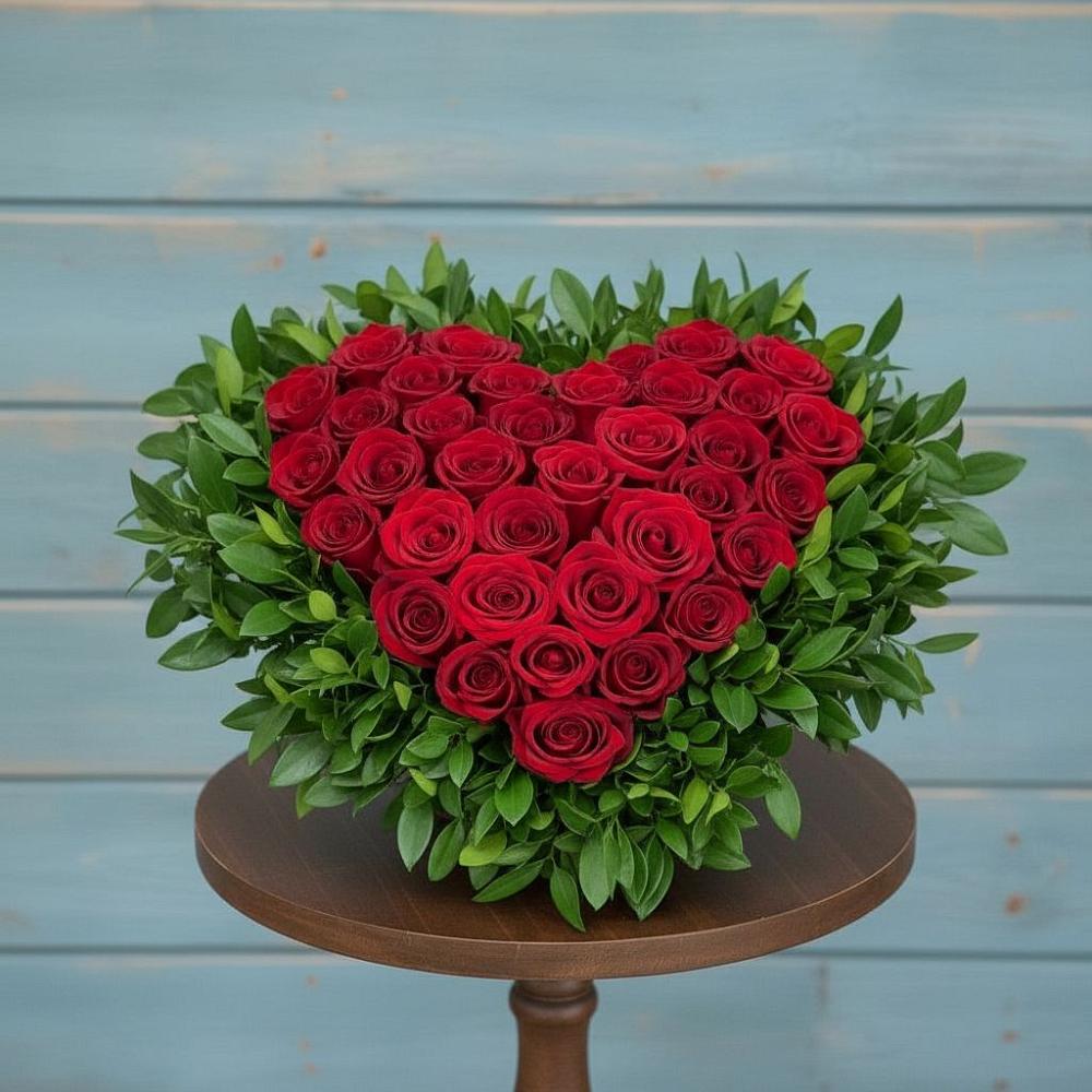 Цветочная композиция из Розы в виде сердца в Пурпе