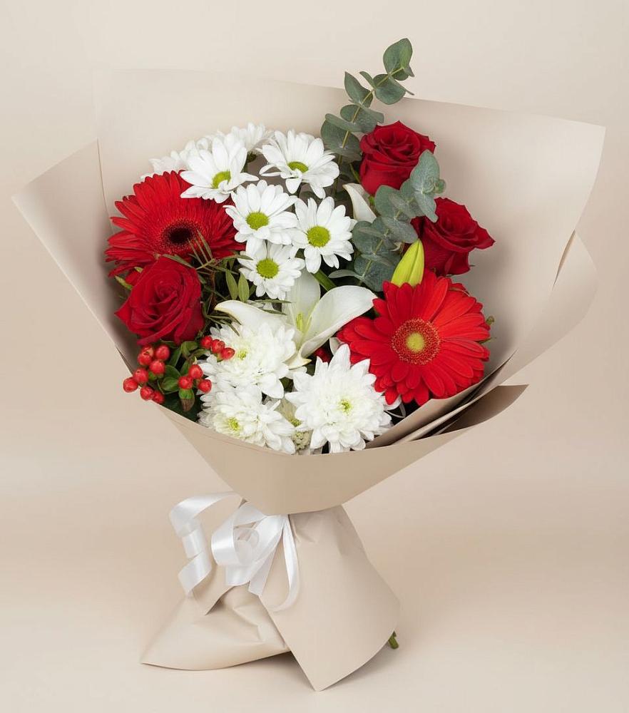 Букет цветов из: Розы, Хризантемы, Герберы и Лилии в Пурпе