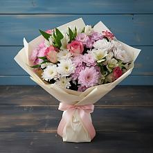 Букет цветов из:  Хризантемы, Альстромерии и Розы в Пурпе