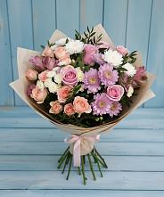 Букет цветов из:  Хризантемы, Розы и Альстромерии в Пурпе