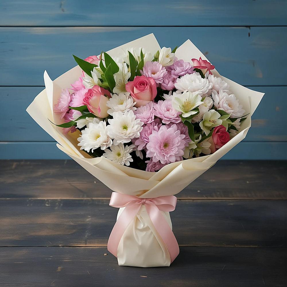 Букет цветов из: Хризантемы, Альстромерии и Розы в Пурпе